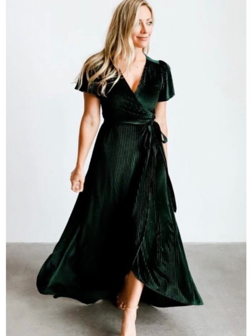 Baltic Born Andi Ribbed Velvet Wrap Maxi Dress in Green